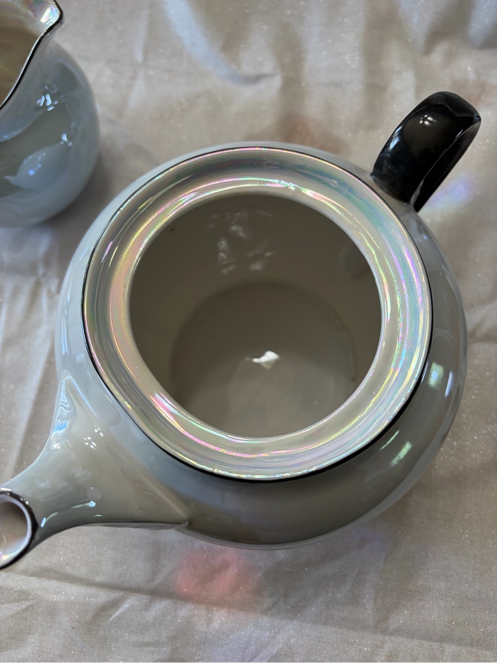 Atlantic Czechoslovakia Sky Blue Luster Ware Black Handle Teapot, Sugar& Creamer - Picture 8 of 16